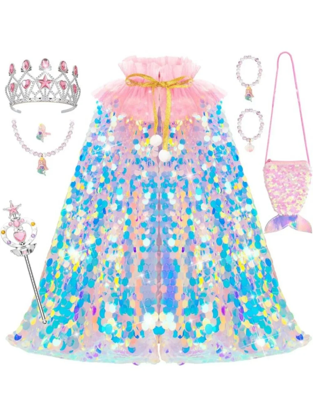 Mermaid Princess Dress Up Cape with Crown Costume Set for Girls Ages 3-8- Pink
